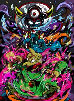 Rule 34 | 2boys, baramos, black nails, blue skin, cape, claws, colored skin, commentary request, dragon quest, dragon quest iii, fake horns, fangs, fighting stance, green robe, helmet, highres, horned helmet, horns, jewelry, looking at viewer, male focus, multiple boys, necklace, on9602brtkkrxhv, open mouth, pink cape, robe, sharp teeth, shoulder pads, teeth, third eye, tongue, tongue out, yellow skin, zoma