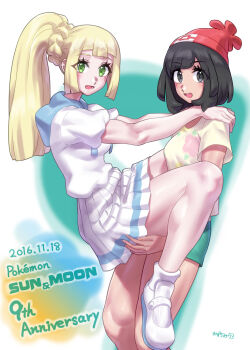 2girls beanie black_eyes black_hair blonde_hair blush braid breasts commentary_request green_eyes green_shorts hat highres letter_pose lillie_(pokemon) long_hair looking_at_viewer mizuumi_(bb) multiple_girls nintendo open_mouth pokemon pokemon_sm ponytail ponytail_with_braided_base red_hat selene_(pokemon) shirt short_hair short_sleeves shorts smile tied_shirt yellow_shirt