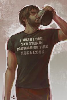 1boy aleurain arcane:_league_of_legends arcane_jayce beard brown_hair brown_pants closed_eyes coffee coffee_pot commentary crew_neck drinking english_commentary facial_hair hair_between_eyes highres holding holding_coffee_pot jayce_(league_of_legends) league_of_legends male_focus pants shirt short_hair short_sleeves solo standing t-shirt