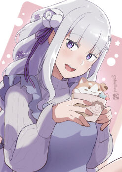1girl cup emilia_(re:zero) gabuillust hair_ornament highres holding holding_cup light_blush long_hair looking_at_viewer open_mouth re:zero_kara_hajimeru_isekai_seikatsu simple_background solo white_hair