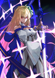 Rule 34 | 1girl, antenna hair, archetype earth, arcueid brunestud, bare shoulders, blonde hair, breasts, detached sleeves, dress, fate/grand order, fate (series), flower, gloves, highres, holding, holding sword, holding weapon, kdm (ke dama), long hair, long skirt, looking at viewer, medium breasts, multicolored clothes, multicolored skirt, princess outfit, red eyes, skirt, solo, strapless, strapless dress, sword, very long hair, weapon, white dress
