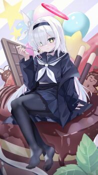 1girl absurdres black_hairband black_pantyhose black_serafuku blue_archive chinese_commentary commentary_request doodle_sensei_(blue_archive) food hairband halo highres long_hair mixian neckerchief no_shoes pantyhose plana_(blue_archive) red_halo sailor_collar school_uniform sensei_(blue_archive) serafuku skirt soles solo white_hair white_neckerchief