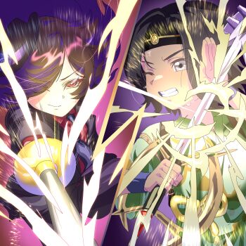 2girls absurdres akari_(pokemon) battle black_hair black_suit blocking brown_hair commentary commission festival_jinbei formal_clothes fran_(arachnos) gerusyu grey_eyes hair_over_one_eye highres keyblade multiple_girls necktie nintendo one_eye_closed original pixiv_commission pokemon pokemon_infinite_fusion pokemon_legends:_arceus pov_stabbing rapier red_eyes rhea_(stryker324) smirk split_screen suit sweat sweatband sword weapon wince wrist_cuffs