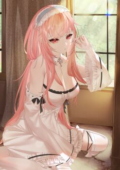 1girl adapted_costume azur_lane breasts commentary_request curtains detached_collar detached_sleeves dress frilled_dress frills from_side highres indoors jiaotang_xuebi long_hair long_sleeves looking_at_viewer mask mask_on_head medium_breasts nightgown perseus_(azur_lane) pink_hair red_eyes sleep_mask sleepwear solo thighhighs variant_set white_dress white_thighhighs window