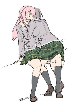 2girls bang_dream! bang_dream!_it's_mygo!!!!! blue_eyes brown_shoes chihaya_anon fang frottage green_skirt grey_eyes grey_hair grey_jacket grey_socks guagua977 hand_on_another's_shoulder haneoka_school_uniform highres jacket long_hair multiple_girls open_mouth pink_hair plaid_clothes plaid_skirt pleated_skirt pussy_juice school_uniform shoes short_hair simple_background skirt socks takamatsu_tomori white_background yuri