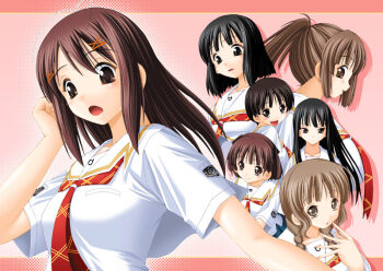 Rule 34 | 2000s (style), 6+girls, adjusting hair, aihara nana, archived source, black eyes, black ribbon, blouse, blunt ends, border, braid, breast pocket, breasts, brown hair, choppy bangs, closed mouth, collared shirt, commentary request, dated commentary, downturned eyes, drop shadow, emblem, everyone, eyelashes, fingernails, futami eriko, hair between eyes, hair ornament, hair over shoulder, hair ribbon, hairclip, hoshino yuumi, keito (keito-ya), kimi kiss, long fingers, long hair, long sidelocks, looking at viewer, looking to the side, low-braided long hair, low-tied long hair, low twin braids, medium breasts, mizusawa mao, multiple girls, neckerchief, open mouth, pink background, pink border, plaid clothes, plaid neckerchief, pocket, ponytail, print sleeves, profile, red neckerchief, retro artstyle, ribbon, sailor collar, sakino asuka, satonaka narumi, shijou mitsuki, shirt, short hair, short sleeves, sidelocks, smile, split mouth, straight hair, tareme, tsurime, twin braids, two side up, upturned eyes, wavy sidelocks, white sailor collar, white shirt, white sleeves