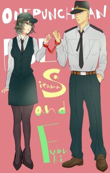 1boy 1girl cap fubuki_(one-punch_man) green_eyes highres lips looking_at_another one-punch_man pants police police_uniform policewoman saitama_(one-punch_man) shirt short_hair skirt tie