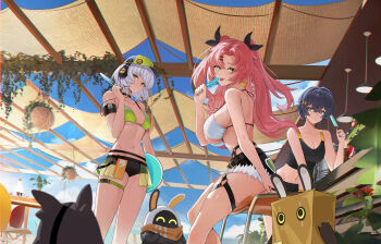 3girls :p absurdres anby_demara bangboo_(zenless_zone_zero) belle_(zenless_zone_zero) bikini black_bikini black_shorts blue_eyes blue_hair blue_sky breasts closed_mouth cloud commentary_request day denim denim_shorts eous_(zenless_zone_zero) food green_bikini green_eyes highres holding holding_food holding_popsicle lan_liyu_renzi large_breasts long_hair looking_at_viewer medium_breasts mole mole_on_breast multiple_girls navel nicole_demara outdoors penguinboo_(zenless_zone_zero) pink_hair popsicle short_hair shorts sky standing summer swimsuit tongue tongue_out white_bikini white_hair zenless_zone_zero