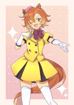 1girl ;d bow bowtie buttons commentary_request cowboy_shot double-breasted gloves grid_background hair_between_eyes hand_up hat highres looking_at_viewer nnmkmwakaranai one_eye_closed open_mouth orange_hair outstretched_arm pink_background pink_hat purple_bow purple_bowtie purple_eyes shirt short_hair short_sleeves skirt smile solo standing t.m._opera_o_(umamusume) thighhighs umamusume white_gloves white_thighhighs yellow_shirt yellow_skirt zettai_ryouiki