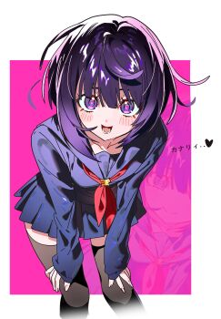 1girl 5oh5s2 absurdres black_hair black_serafuku black_shirt black_thighhighs blush breasts collarbone collared_shirt gradient_hair gwynn_(pokemon) highres long_sleeves looking_at_viewer multicolored_hair neckerchief nintendo open_mouth pokemon pokemon_legends:_z-a purple_eyes purple_hair red_neckerchief school_uniform serafuku shirt short_hair smile thighhighs zoom_layer