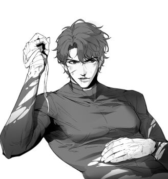 Rule 34 | 1boy, abs, aurumu, bandaged hand, bandages, blood, blood from mouth, curtained hair, greyscale, hair between eyes, hand on own stomach, hand up, hashtag-only commentary, highres, male focus, monochrome, narrowed eyes, nosebleed, omniscient reader's viewpoint, pectorals, scar, scar on face, serious, shirt, short hair, solo, tight clothes, tight shirt, toned, toned male, yoo joonghyuk
