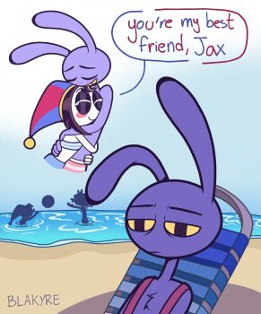 1boy 2girls absurdres animal_ears ball beach beachball black_eyes blakyre blue_eyes brown_hair colored_sclera colored_skin commentary depressed english_commentary english_text furry furry_male hat hat_bell highres imagining jax_(the_amazing_digital_circus) jester jester_cap jester_costume looking_at_viewer multicolored_eyes multicolored_hat multiple_girls ocean one_eye_closed overalls partially_submerged pink_overalls pomni_(the_amazing_digital_circus) rabbit_boy rabbit_ears ragatha_(the_amazing_digital_circus) recliner red_eyes short_hair solo striped_clothes striped_headwear striped_tube_top swimsuit the_amazing_digital_circus two-tone_eyes vertical-striped_clothes vertical-striped_headwear white_skin yellow_sclera