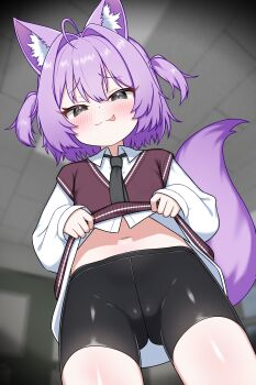 1girl :3 :q absurdres ahoge animal_ear_fluff animal_ears bike_shorts black_eyes black_necktie black_shorts blurry blurry_background blush cameltoe closed_mouth clothes_lift collared_shirt commentary_request crotch_seam fox_ears fox_girl fox_tail from_below hair_intakes highres korean_commentary lifting_own_clothes loli long_sleeves looking_at_viewer navel necktie original partial_commentary purple_hair red_sweater_vest shirt shirt_lift short_hair short_shorts shorts sleeves_past_wrists solo sweater_vest tail tongue tongue_out two_side_up white_shirt zing_(z_z_zing)
