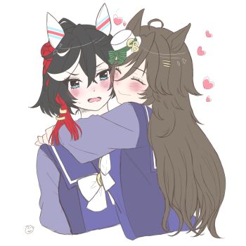2girls animal_ears black_hair blue_eyes blush bow bowtie brown_hair closed_eyes closed_mouth commentary hat heart highres hinano_(37no15_12) horse_ears horse_girl hug katsuragi_ace_(umamusume) mini_hat mr._c.b._(umamusume) multiple_girls open_mouth purple_shirt school_uniform shirt simple_background symbol-only_commentary tracen_school_uniform umamusume white_background white_bow white_bowtie white_hat yuri