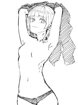 1girl :3 armpits arms_up bang_dream! bang_dream!_it's_mygo!!!!! breasts commentary_request greyscale highres kaname_raana monochrome open_mouth panties short_hair small_breasts tsuyudashimirin underwear