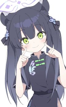 1girl animal_ear_fluff animal_ears black_dress black_hair blue_archive bow commentary_request dress fingers_to_cheeks flat_chest green_eyes hair_bow halo hands_up highres long_hair looking_at_viewer memoi print_dress purple_halo short_sleeves shun_(blue_archive) shun_(small)_(blue_archive) side_slit sidelocks smile solo upper_body white_background