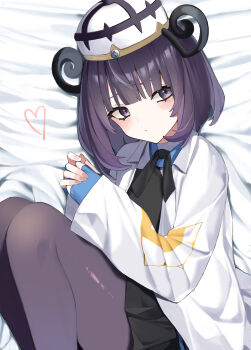 1girl absurdres bed_sheet black_dress black_hair black_ribbon blue_gloves closed_mouth coat commentary_request dress eyelashes gloves grey_eyes gwynn_(pokemon) hands_up hat heart highres jun_(30409972) long_hair looking_to_the_side lying neck_ribbon nintendo on_side open_clothes open_coat own_hands_together pantyhose pokemon pokemon_legends:_z-a ribbon solo white_coat