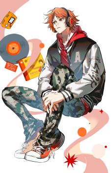 1boy 26duuuu alternate_costume brown_eyes brown_hair camouflage camouflage_pants closed_mouth full_body hanamura_yousuke hands_on_own_leg headphones highres hood hoodie invisible_chair jacket letterman_jacket long_sleeves looking_ahead male_focus pants persona persona_4 red_hoodie red_shoes shoes short_hair sitting solo vinyl_record
