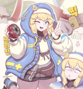 absurdres aqua_eyes arrow_(symbol) artist_name blonde_hair blue_shoes blurry blurry_background blurry_foreground blush bridget_(guilty_gear) brown_skirt clenched_teeth commentary_request domaguri drawstring fingerless_gloves gloves guilty_gear highres hood hooded_jacket jacket looking_at_viewer miniskirt multiple_views one_eye_closed open_clothes open_jacket open_mouth pleated_skirt rolling_eyes shoes skirt sweatdrop teeth thick_thighs thighs translation_request twitter_username