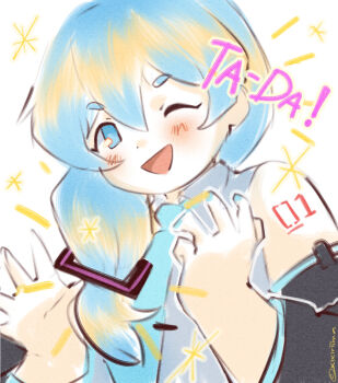 Rule 34 | 1girl, ;d, absurdres, hatsune miku, highres, low ponytail, nail polish, necktie, one eye closed, open mouth, ponytail, smile, solo, vocaloid, xixiriima