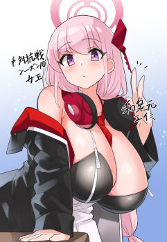 1girl between_breasts bikini black_jacket blue_archive blush braid braided_ponytail breasts eimi_(blue_archive) hair_ornament halo headphones headphones_around_neck highres jacket large_breasts long_hair necktie necktie_between_breasts off_shoulder pink_hair purple_eyes red_necktie solo swimsuit translation_request w yuuichi_(reductionblack) zipper_bikini