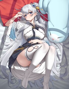 1girl bed blue_eyes blush boots breasts commentary_request commission elomil hair_bun hanbok korean_clothes korean_commentary large_breasts long_hair on_bed original second-party_source smile thighhighs white_hair white_thighhighs