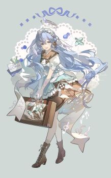 Rule 34 | 1girl, absurdres, alternate costume, aqua eyes, artist name, blue hair, bow, bowtie, briefcase, brown footwear, brown skirt, chinese commentary, dress, earrings, face jewel, full body, gloves, hair between eyes, halo, halo behind head, head wings, highres, holding, holding briefcase, honkai: star rail, honkai (series), jewelry, long hair, looking at viewer, robin (honkai: star rail), school uniform, short sleeves, skirt, smile, two-tone dress, very long hair, white gloves, white wings, wings, yecangshu