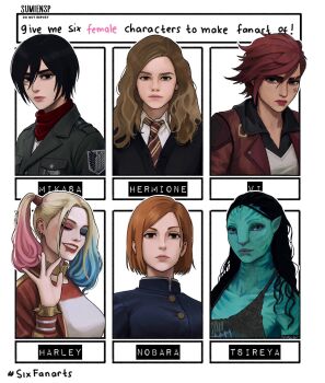 6+girls arcane:_league_of_legends arcane_vi artist_name black_hair black_robe black_shirt blonde_hair blue_eyeshadow blue_hair blue_jacket blue_skin bracelet breasts brown_hair character_name closed_eyes closed_mouth collared_shirt colored_skin colored_tips commentary dc_comics diagonal-striped_clothes diagonal-striped_necktie english_commentary english_text eyeshadow facial_scar facial_tattoo gold_buttons gold_choker grey_jacket grin hair_between_eyes harley_quinn harry_potter_(series) hermione_granger highres hogwarts_school_uniform jacket james_cameron's_avatar jewelry jujutsu_kaisen jujutsu_tech_uniform kugisaki_nobara league_of_legends long_hair looking_at_viewer makeup medium_breasts mikasa_ackerman military_jacket multicolored_hair multiple_drawing_challenge multiple_girls na'vi necktie parted_bangs parted_lips pink_eyeshadow pink_hair pointy_ears portrait red_hair red_jacket red_scarf robe scar scar_on_cheek scar_on_face scarf school_uniform shingeki_no_kyojin shirt short_hair six_fanarts_challenge sleeveless sleeveless_shirt smile spiked_bracelet spikes striped_clothes sumiensp survey_corps_(emblem) swept_bangs tattoo tsireya twintails upper_body vi_(league_of_legends) wavy_hair white_shirt wizarding_world