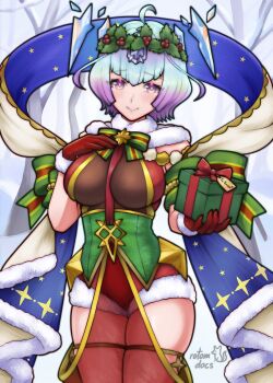 1girl absurdres blue_hair box breasts cape crystal fire_emblem fire_emblem_heroes fur-trimmed_cape fur-trimmed_gloves fur_trim gift gift_box gloves gradient_hair hair_ornament hand_on_own_chest highres holding holding_gift holly_hair_ornament incoming_gift large_breasts light_blush looking_at_viewer multicolored_hair nintendo official_alternate_costume outdoors purple_eyes purple_hair red_gloves rotomdocs seidr_(candlelit_hope)_(fire_emblem) seidr_(fire_emblem) skindentation smile snow solo star_(symbol) star_print thick_thighs thighs