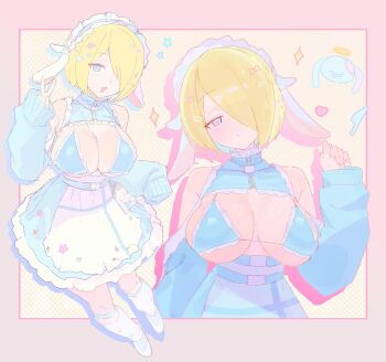 bare_shoulders bikini blonde_hair blue_eyes bonnet breasts cleavage commentary_request hair_over_one_eye highres large_breasts maid maid_bikini medium_hair original ponnzu36 sleeves_past_wrists swimsuit unconventional_maid white_bonnet