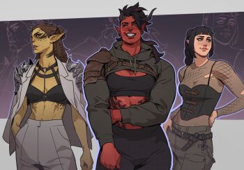 3girls ;d absurdres alternate_costume arm_across_waist arm_at_side armor baldur&#039;s_gate baldur&#039;s_gate_3 belt black_bra black_hair black_pants black_sports_bra blunt_bangs bodice bra braid braided_ponytail breasts broken_horn brown_hair chest_belt cleavage colored_skin commentary contemporary cowboy_shot curled_horns demon_girl demon_horns dungeons_&amp;_dragons dungeons_&amp;_dragons elf english_commentary face_piercing fishnet_top fishnets freckles gith_(dungeons_&amp;_dragons) green_eyes green_skin grey_background grey_pants grin hair_bun hand_in_pocket hand_on_back highres horns jacket jacket_on_shoulders karlach lady_santos lae&#039;zel long_hair looking_at_viewer looking_to_the_side medium_breasts medium_hair midriff multicolored_hair multiple_braids multiple_girls muscular muscular_female nose_piercing nose_ring o-ring one_eye_closed open_mouth outline pants parted_lips pauldrons piercing pocket pointy_ears purple_outline red_hair red_skin scar scar_on_chest scar_on_face shadowheart_(baldur&#039;s_gate) shoulder_armor shrug_(clothing) single_braid single_hair_bun single_pauldron slit smile sports_bra standing streaked_hair swept_bangs tiefling torn_clothes two-tone_hair underwear white_jacket white_pants yellow_eyes