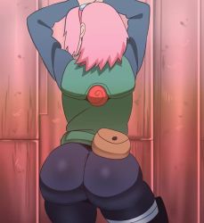 1girl against_wall alternate_ass_size animated arms_up ass ass_focus ass_shake bodysuit bouncing_ass clothes d-art facing_away from_behind hairband haruno_sakura highres huge_ass jiggle naruto_(series) naruto_shippuuden pants pink_hair shiny_clothes short_hair skin_tight solo thick_thighs thighs tight_clothes tight_pants video