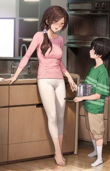 1boy 1girl absurdres age_difference barefoot blush brown_eyes brown_hair child feet highres holding_hands indoors jewelry kitchen long_hair mature_female mother_and_son open_mouth original ring rumi_(yewang19) toes wedding_band yewang19