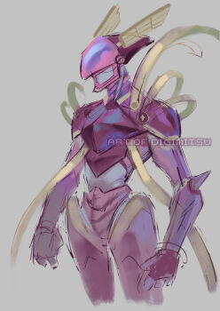 Rule 34 | armor, cowboy shot, digimitsuart, digimon, digimon (creature), full armor, grey background, helmet, knight, lordknightmon, pink armor, pink helmet, ribbon, simple background, solo, yellow ribbon