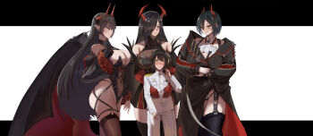 1boy 3girls absurdres age_difference ass azur_lane bare_shoulders black_coat black_garter_straps black_hair black_thighhighs blush breasts brown_thighhighs coat commander_(azur_lane) commentary covered_navel cowboy_shot detached_sleeves febicoron friedrich_der_grosse_(azur_lane) from_side garter_straps goetz_von_berlichingen_(azur_lane) gold_trim hair_over_one_eye height_difference highres horns jacket large_breasts little_boy_commander_(azur_lane) long_hair long_sleeves looking_at_another mechanical_horns military_uniform multiple_girls o-ring o-ring_garter_straps o-ring_thigh_strap onee-shota pants red_horns short_hair simple_background thigh_strap thighhighs ulrich_von_hutten_(azur_lane) untranslatable_commentary very_long_hair white_background white_jacket white_pants