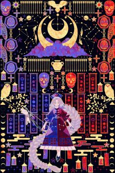 1girl absurdly_long_hair absurdres arrow_(projectile) bird black_shoes boku_(isizakitakasi) bow bow_(weapon) braid braided_ponytail brain branch cloud commentary_request constellation_print cross dna dress egasumi fish grey_hair halo hat heptagon highres holding holding_bow_(weapon) holding_weapon leaf long_hair looking_at_viewer moon_phases nurse_cap owl parted_bangs planetary_ring purple_dress purple_nails red_dress red_nails ribs shoes skull smile solo star_(symbol) sun touhou two-tone_dress vase very_long_hair weapon white_bow yagokoro_eirin yellow_eyes