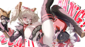 Rule 34 | 1girl, absurdres, belt, black belt, black gloves, black jacket, black skirt, black thighhighs, blonde hair, blush, breasts, burnice white, cleavage, crop top, eyewear on head, fang, fingerless gloves, fingernails, flamethrower, gloves, hair between eyes, highres, holding, holding flamethrower, holding weapon, iri/yin lang, jacket, large breasts, long hair, looking at viewer, one eye closed, open mouth, pig, red-tinted eyewear, red eyes, sidelocks, simple background, skin fang, skirt, smile, solo, spiked belt, sunglasses, thighhighs, tinted eyewear, variant set, weapon, zenless zone zero
