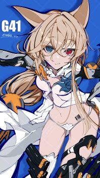 1girl absurdres animal_ears barcode barcode_tattoo blonde_hair blue_background blue_eyes character_name closed_mouth commentary g41_(girls&#039;_frontline) girls&#039;_frontline heterochromia highres laofagun long_hair looking_at_viewer magazine_(weapon) mechanical_arms panties red_eyes simple_background solo tattoo underwear watermark watermark_grid white_panties