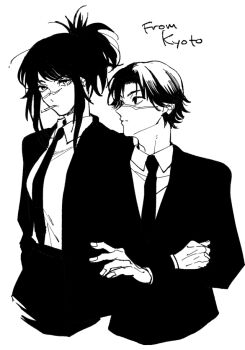Rule 34 | 1boy, 1girl, black hair, chainsaw man, cigarette, collared shirt, formal clothes, greyscale, jacket, kurose yuutarou, looking at viewer, looking to the side, medium hair, monochrome, nair (mindcreator), ponytail, scar, scar on face, scar on nose, shirt, short hair, sidelocks, simple background, suit, suit jacket, tendou michiko, white background