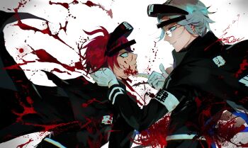 Rule 34 | 2boys, absurdres, ahoge, aotsuki eito, armband, belt, black cape, black hair, black jacket, blood, blood on clothes, blood on face, blood spray, blue eyes, cape, chromatic aberration, coflower2, commentary request, dated, from side, glasses, gloves, grey hair, hand on another's chin, highres, jacket, last defense academy school uniform, long sleeves, male focus, multicolored hair, multiple boys, purple eyes, red hair, school uniform, short hair, signature, streaked hair, sumino takumi, the hundred line -last defense academy-, two-tone hair, white armband, white background, white belt, white gloves