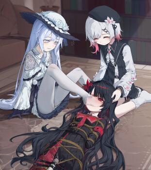 3girls absurdres arms_behind_back bdsm black_choker black_gloves black_hair blue_eyes blue_hair bondage bound breast_bondage breasts character_request choker dress frilled_dress frilled_socks frills gloves highres long_hair looking_at_another lying mahou_shoujo_no_majo_saiban multiple_girls nikaido_hiro pantyhose pleated_skirt red_eyes restrained sakuraba_ema shibari skirt small_breasts smelling socks tsukishiro_yuki very_long_hair white_dress white_pantyhose white_socks x-ray xiongmao
