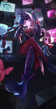 1girl absurdres asymmetrical_legwear black_hair black_hat black_jacket black_shoes bow braid braided_twintails bug butterfly commentary_request crossed_legs earrings gloves hair_bow haishin_shoujo_no_uraaka_meikyuu hand_on_own_cheek hand_on_own_face hat highres insect jacket jewelry mismatched_legwear nikaido_hiro pantyhose parted_lips peaked_cap pocket_watch red_eyes red_pantyhose shoes solo television twintails watch white_garand white_gloves wire