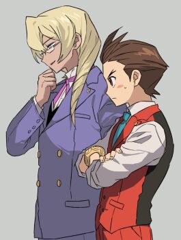 Rule 34 | 2boys, ace attorney, antenna hair, apollo justice, apollo justice: ace attorney, badge, blazer, blonde hair, blue eyes, blue necktie, blue suit, bracelet, brown eyes, brown hair, button badge, buttons, clenched hand, closed mouth, collared jacket, collared shirt, commentary request, crossed arms, drill hair, formal clothes, glasses, gold bracelet, grey background, hair between eyes, hand on own chin, highres, jacket, jewelry, korean commentary, kristoph gavin, light blush, long hair, looking at another, multiple boys, neck ribbon, necktie, open mouth, pants, pink ribbon, red pants, red vest, ribbon, secret9050, shirt, short hair, simple background, smile, suit, sweatdrop, vest, white shirt