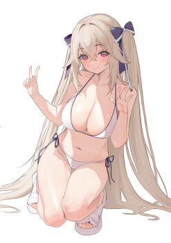 1girl absurdres anchorage_(azur_lane) anchorage_(dolphins_and_swim_lessons)_(azur_lane) azur_lane bare_arms bikini blue_bow bow breasts cleavage closed_mouth commentary_request hair_between_eyes hair_bow hair_intakes highres large_breasts light_brown_hair long_hair navel official_alternate_costume red_eyes side-tie_bikini_bottom simple_background smile solo squatting squatting_v_pose_(han-0v0) stomach swimsuit thighs two_side_up v very_long_hair white_background white_bikini white_footwear yingchuishiting