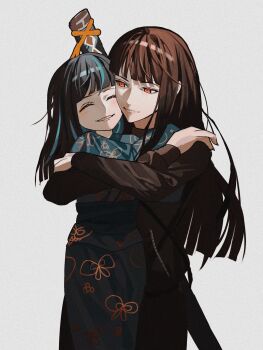 2girls ^_^ araya_(project_moon) black_hair blue_kimono blue_sash closed_eyes closed_mouth commentary_request cowboy_shot highres japanese_clothes kimono limbus_company long_hair mother_and_child mother_and_daughter multiple_girls parent_and_child parted_lips project_moon red_eyes reo_(mmocc123) ryoshu_(project_moon) sash simple_background smile smlie very_long_hair white_background