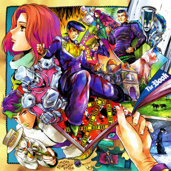 2girls 4boys bad_id bad_pixiv_id cat crazy_diamond echoes_(stand) echoes_act1 futaba_chiho gakuran headband heaven&#039;s_door higashikata_josuke highres hirae_akari hirai_akari hirose_koichi jojo_no_kimyou_na_bouken kishibe_rohan multiple_boys multiple_girls nijimura_okuyasu pearl_jam_(stand) pompadour school_uniform stand_(jojo) superfly_(stand) the_book_(stand) the_hand_(stand) tonio_trussardi ty_1865 yamagishi_yukako