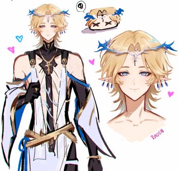 1boy adapted_costume bare_shoulders black_gloves blonde_hair blue_eyes cartethyia_(wuthering_waves) chromatic_aberration closed_mouth collarbone commentary_request crown_of_thorns earrings elbow_gloves fleur-de-lis genderswap genderswap_(ftm) gloves hand_up heart highres jewelry jhenny345 long_hair looking_at_viewer male_focus multiple_earrings multiple_views necklace parted_bangs pointy_ears remnant_cube_(wuthering_waves) simple_background smile spanish_commentary tabard tacet_mark_(wuthering_waves) white_background white_tabard wuthering_waves