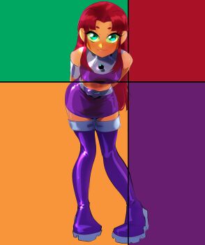 Rule 34 | 1girl, 8log4icy, absurdres, armbinder, boots, breasts, colored sclera, colored skin, commentary, dc comics, english commentary, full body, green eyes, green sclera, highres, leaning forward, long hair, looking at viewer, medium breasts, navel, orange skin, purple boots, purple tank top, red hair, skirt, smile, solo, starfire, superhero costume, tamaranean, tank top, teen titans, thighhighs