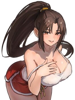 1girl ap_cammy bare_shoulders bent_over breasts brown_eyes brown_hair casual cleavage commentary_request fatal_fury hand_on_own_chest high_ponytail highres large_breasts leaning_forward ponytail red_shorts revision shiranui_mai shorts simple_background single_off_shoulder solo street_fighter street_fighter_6 tank_top the_king_of_fighters white_background white_tank_top