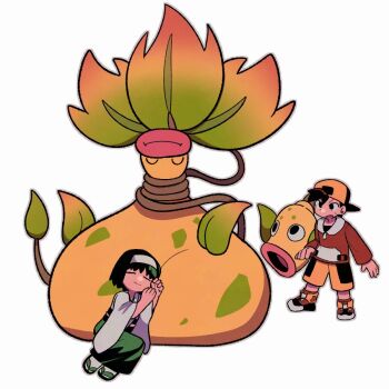 1boy 1girl backwards_hat black_eyes black_hair colored_skin erika_(pokemon) ethan_(pokemon) full_body gen_1_pokemon green_hakama hairband hakama hat jacket japanese_clothes kimono looking_at_another lying mega_victreebel multicolored_hair multicolored_jacket nintendo okobo on_creature platform_sandals pokemon pokemon_(creature) pokemon_gsc red_jacket sandals shoes shorts simple_background sleeping sleeping_on_pokemon sneakers socks tabi thick_lips two-tone_hair two-tone_jacket two-tone_shorts tyako_089 victreebel weepinbell white_background white_hairband white_kimono white_socks yellow_hat yellow_shorts yellow_skin